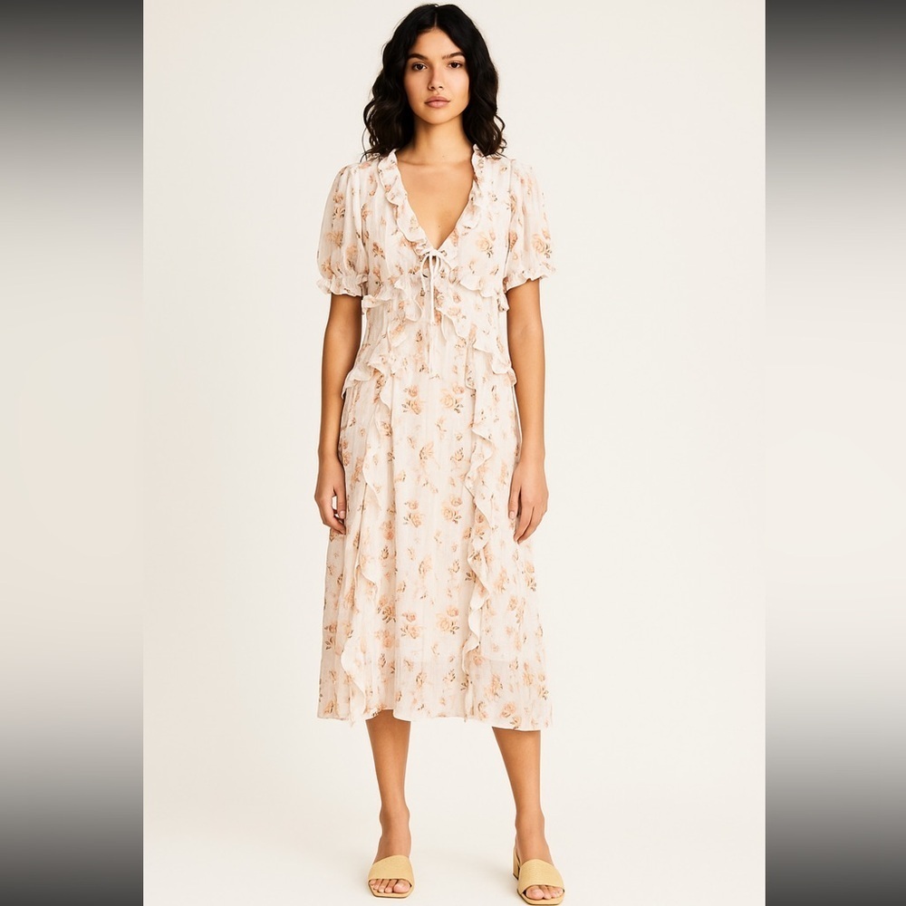 Storia Cream Floral Midi/Maxi Long Dress Bohemian Cottagecore Prairie XL